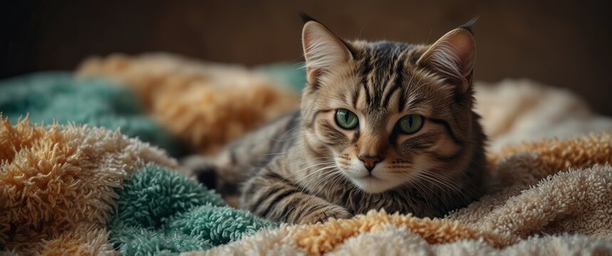 Adorable cat hugging his soft toy while lying on a blanket.