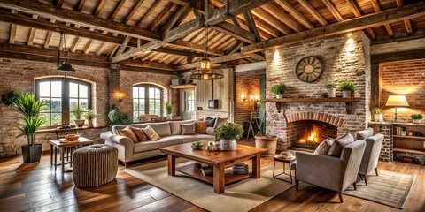 Fototapeta premium Exposed brick walls, weathered wooden beams, and plush furnishings blend in a soothing palette of muted tones, evoking a sense of rustic charm and warmth.