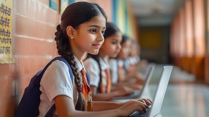 Group of rural school girls in uniform sitting in school corridor working on laptop  concept of digital education : Generative AI