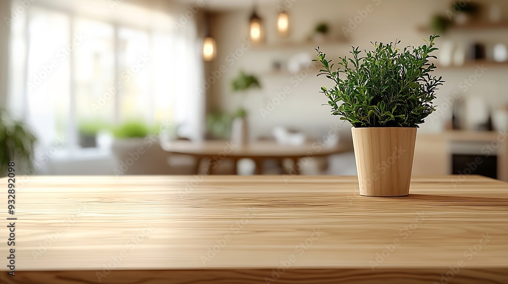 Poster kitchen table background wood counter top on blur of white clean abstract home interior with bokeh u