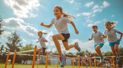 Teenagers on physical education training with a coach Sporty kids exercising and jumping over hurdles on the training field Sport school training for elementary age class : Generative AI