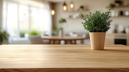 Fototapeta premium kitchen table background wood counter top on blur of white clean abstract home interior with bokeh used for display or montage your wooden for dining background table banner : Generative AI