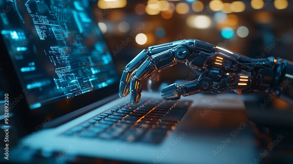 Poster AI technology Artificial Intelligence concept Businessman using the laptop AI Application technology management personal Business data education Banking Futuristic technology transform : Generative AI