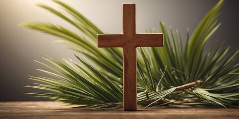 Palm Sunday Copy Space with Wooden Cross and Palm Leaves.