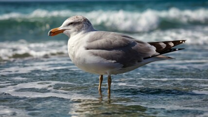 Fototapeta premium Closeup seagull on ocean water 