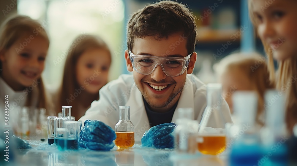 Poster science teacher and students in classroom with slime for experiment education and happy kid chemistr