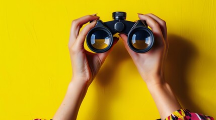 female hands hold black binoculars on a bright yellow background.