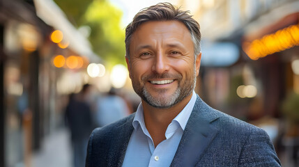 Fototapeta premium Smiling man in a suit jacket on a city street.