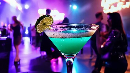 Colorful cocktail highlights a lively party atmosphere at a nightclub