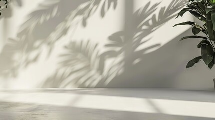 White, vacant wall and studio floor with shadows from organic foliage. Generative Ai