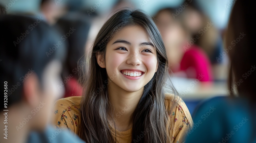 Poster university classroom diverse group of young students asian collaborate study together sharing smiles