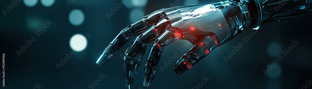 Poster a close-up view of a robotic hand with intricate designs illuminated by glowing lights in a futurist