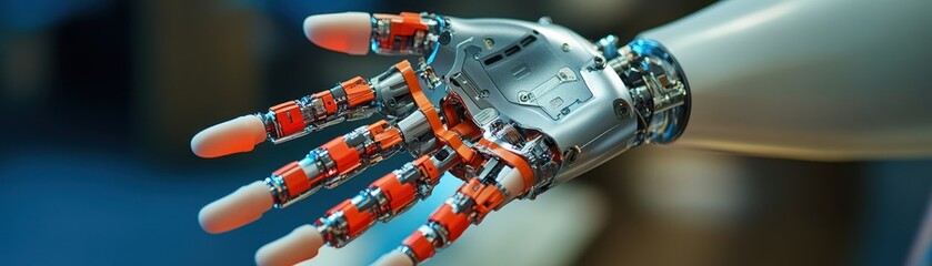 A close-up view of a robotic hand showcasing intricate mechanical details and futuristic design.