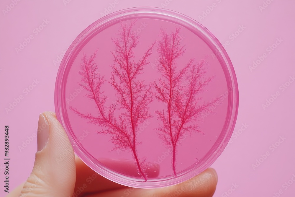 Poster hand holding a petri dish with tree like patterns symbolizing the integration of art nature and scie