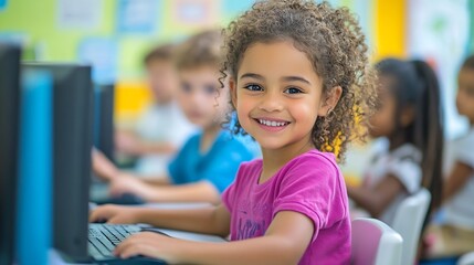 Elementary School Children Learning Basic Computer Knowledge Teacher Educating Smart Diverse Kids in a Modern Colorful Classroom Schoolchildren Getting Experience with Technology : Generative AI