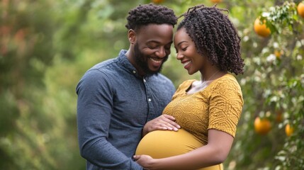 A man holds a pregnant woman by the belly. Future parents are waiting for the birth of their child