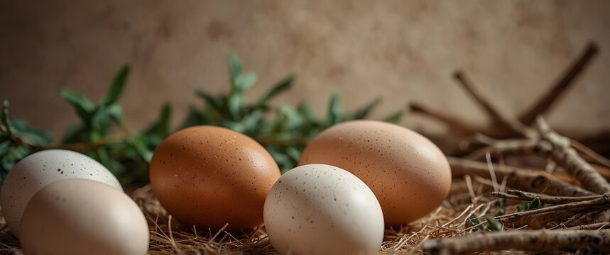 Chicken eggs on the right side of a soft-colored background, surrounded by natural decorations.