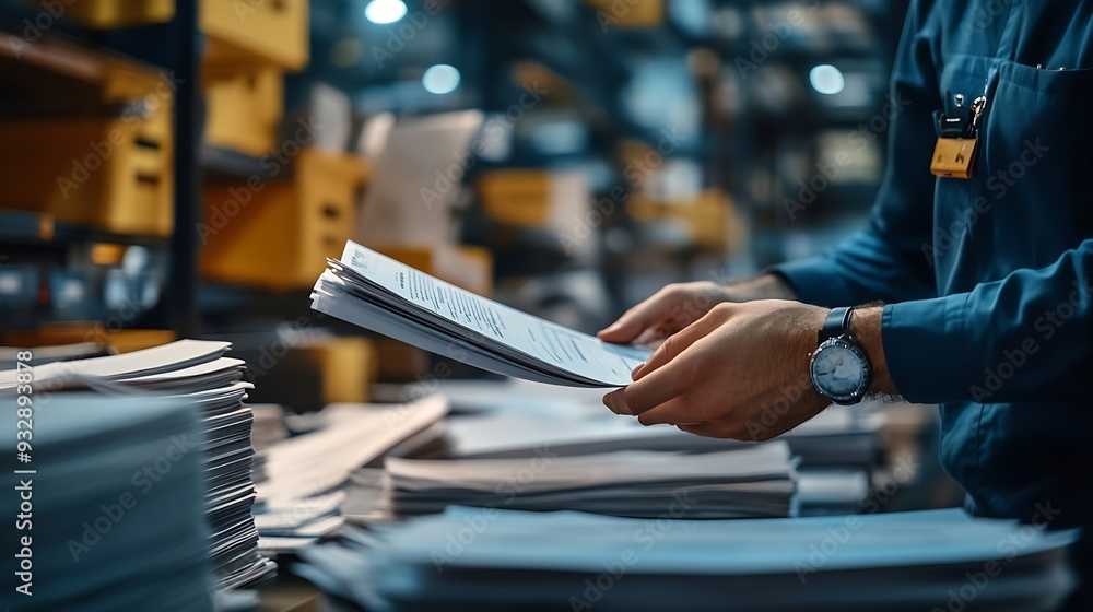 Aufkleber Exporting supervisor in charge of producing receipts for item administration tracking delivery and transportation requirements Manufacturing operator going over records for order submi : Generative AI