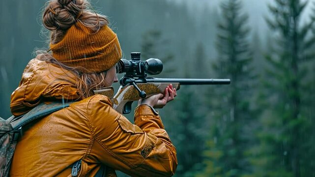 A woman in the jungle aiming a rifle 