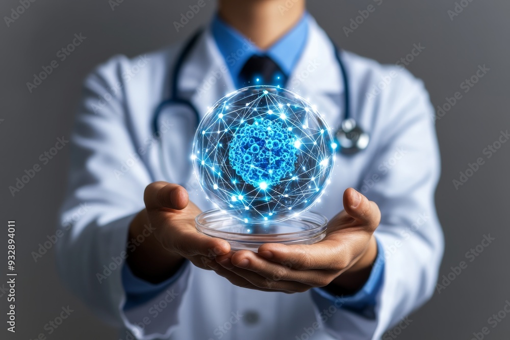 Poster scientist holding a glowing digital orb with molecular structures symbolizing the fusion of data sci