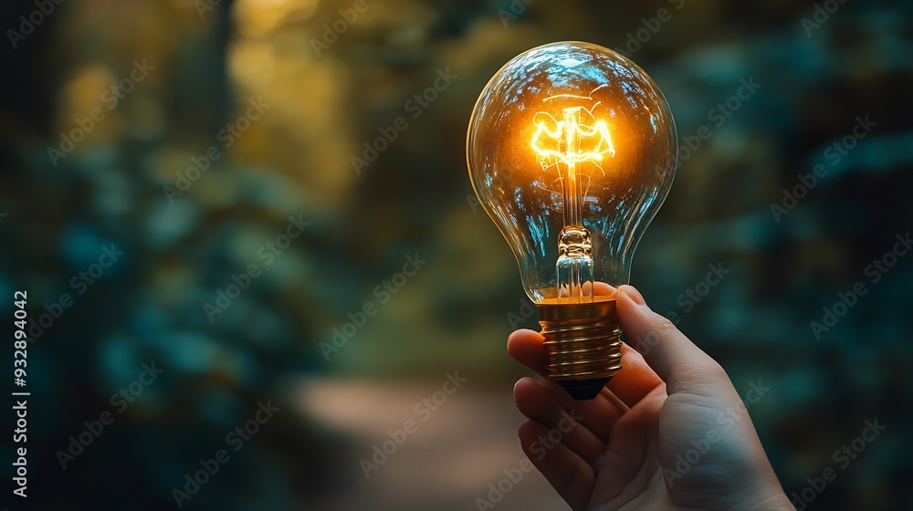 Poster Man hand holding lightbulb with learning educate and graduation concept study knowledge to creative thinking idea and problem solving solution Elearning online education course degree  : Generative AI