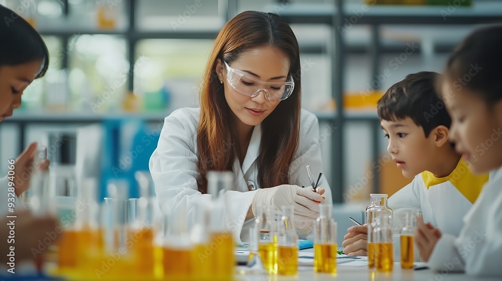 Aufkleber Education learning or science with teacher and students at table in laboratory for experiment or reaction Classroom school or study with woman scientist and children at academy for dev : Generative AI