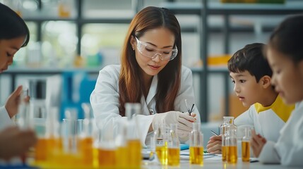 Education learning or science with teacher and students at table in laboratory for experiment or reaction Classroom school or study with woman scientist and children at academy for dev : Generative AI