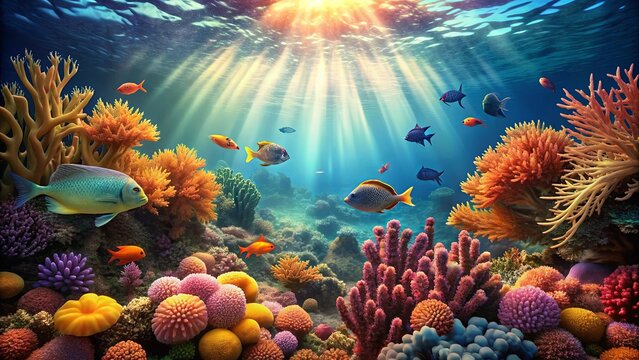 of a serene and colorful underwater seascape with fish, corals, and seaweed , ocean, sea, water, underwater, marine life