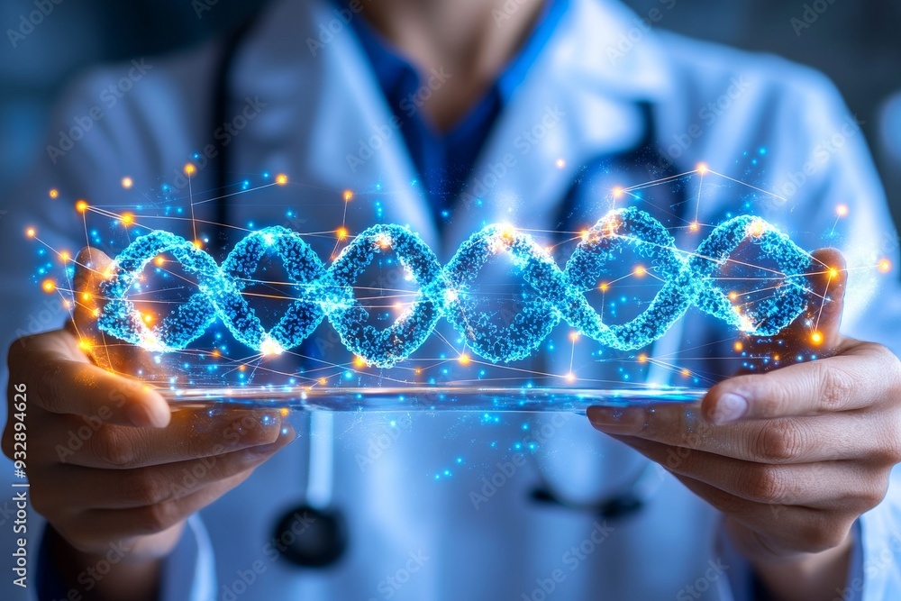 Aufkleber scientist holding a digital dna helix symbolizing the fusion of genetics data science and biotechnol