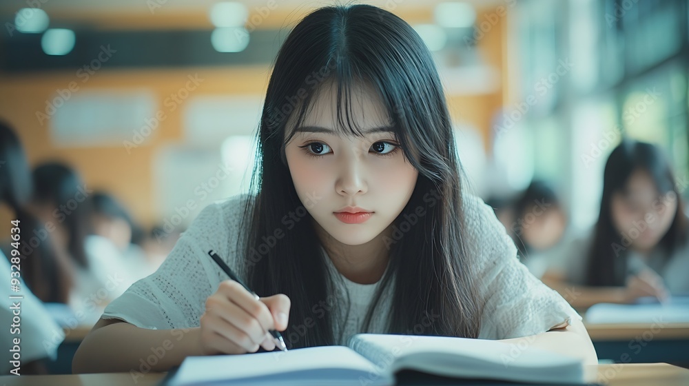 Poster Woman students and writing with test in classroom for exam study or assignment at university Female person or group busy on project or essay with notebook for higher education lesson o : Generative AI