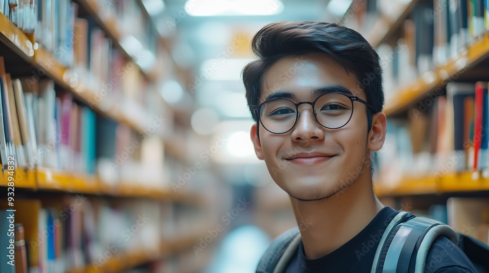 Poster Student man and happy with portrait in library for writing scholarship and studying for exam knowledge Gen z person and smile for learning education and research notes for university a : Generative AI