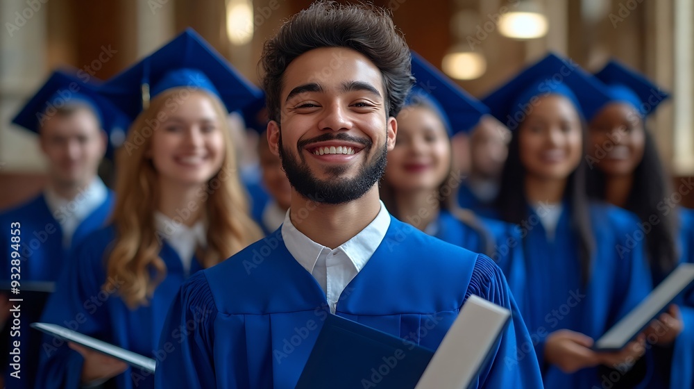 Poster portrait of a group of smiling happy multiracial diverse graduates students standing in a row in a b
