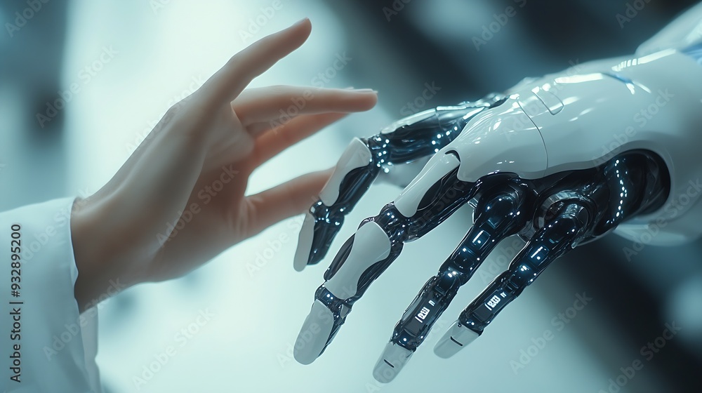 Fototapete Medical Ai Hands of robot and human touching on medical data network connection AI robot for diagnosis increasing accuracy patient treatment in future technology to improve patient hea : Generative AI