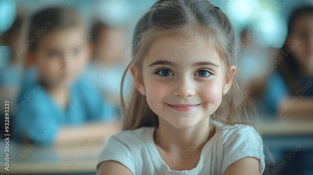 Poster talented small girl asking teacher a question in class portrait of a happy elementary school student