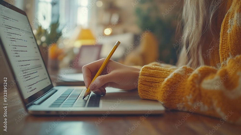Aufkleber woman hand with pencil writing on notebook with laptop computer on office table student studying onl
