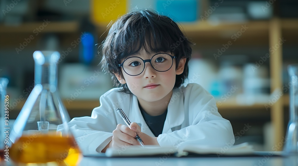 Aufkleber portrait science and writing with boy student in laboratory for education experiment or research gla