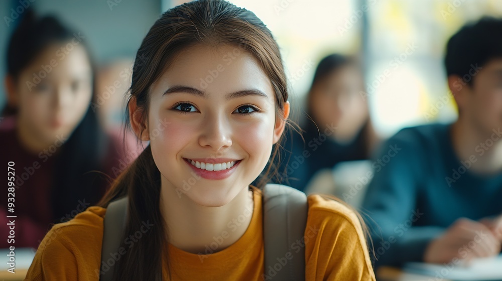 Aufkleber university classroom diverse group of young students asian collaborate study together sharing smiles
