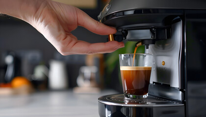 A brewed cup of coffee using a coffee maker.