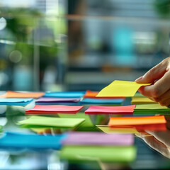 A hand organizing colorful sticky notes on a glass surface, representing creativity and brainstorming in a modern workspace.