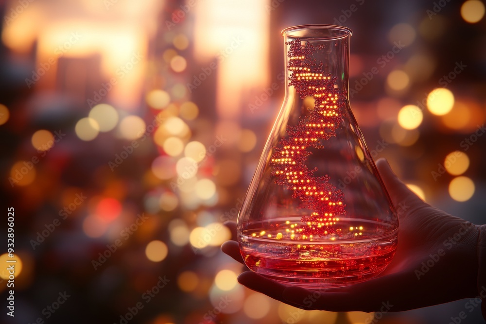 Poster hand holding a flask with glowing orange substance symbolizing the fusion of biotechnology chemistry