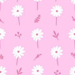 Cute hand drawn chamomile seamless pattern in pink colors. Hand drawn simple white daisies and leaves isolated on pink background. Childish ditsy floral allover illustration
