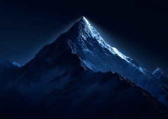 3d render of mountain peak with glowing path, isolated on dark background, blue color scheme,