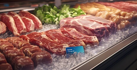 A display case in the meat section of a supermarket with different types and colors of fresh meat such
