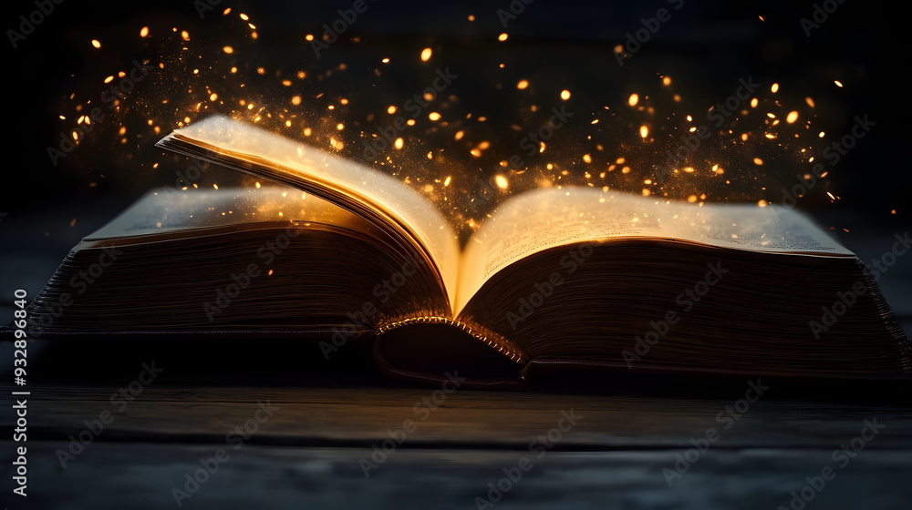 Poster a mesmerizing open book displays fluttering pages while a warm, glowing light bursts forth, creating