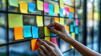 Close-up of hands placing colorful sticky notes on a glass board, showcasing organization and brainstorming in a creative workspace.