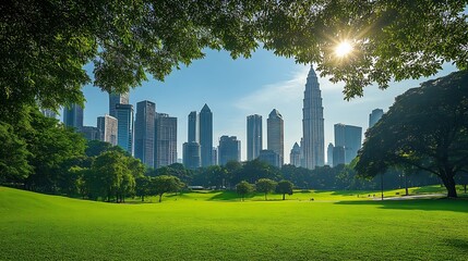 Obraz premium Scenic Kuala Lumpur skyline Amazing view of a green city park in Kuala Lumpur Malaysia Highrise buildings are visible on blue sky background Kuala Lumpur is a popular tourist destinati : Generative AI