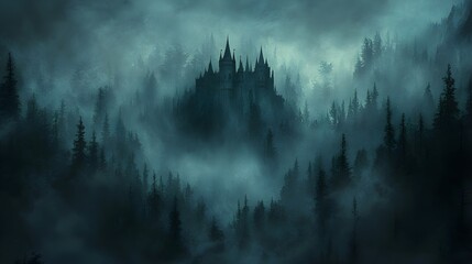 Mysterious Castle in Foggy Forest