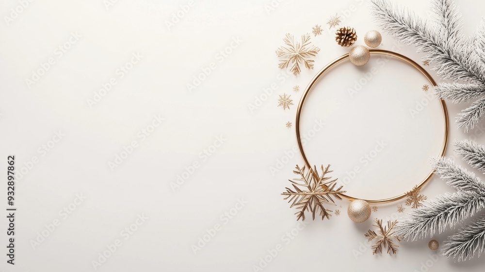 Poster shimmering golden wavy circle with snowflake decorations - 3d render on white background for new yea
