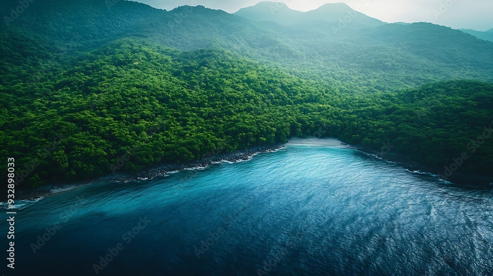 Poster aerial view of the dark green forest and the sea natural ecosystems of forests and oceans concept of