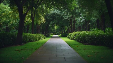 Fototapeta premium Straight pathway leading through a lush green forest park with tall trees and a serene atmosphere : Generative AI